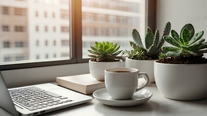 Modern minimalist office desk with laptop, coffee cup and succulent plant in white pot. Bright natural light.