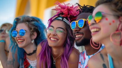 Obraz premium Fun with friends, young people in colorful fashion, listening to tunes and enjoying each others company