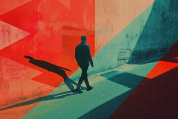 Man walking up the steps, in the direction of the arrow, bright colors in the futuristic style. The concept of the path.