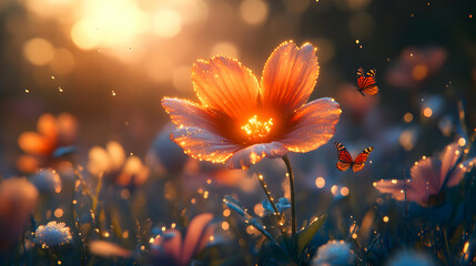 A vibrant flower bathed in sunlight, surrounded by colorful blossoms and butterflies, evoking a magical spring atmosphere.