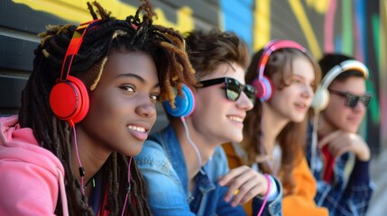 Fototapeta premium Colorful fashion trends among a group of students, each with headphones on, embracing the music