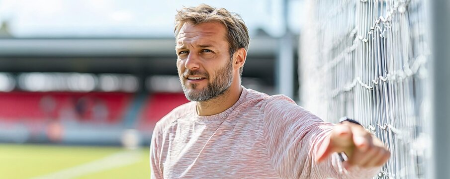 A football coach standing by the goalpost pointing and giving instructions to the goalkeeper intense pre match warm up vibrant stadium atmosphere