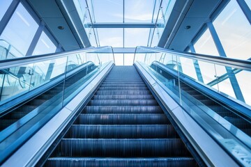 Fototapeta premium Empty escalator going up in a modern building with glass windows
