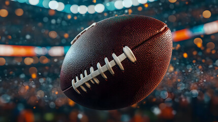 Close-up of an American football in mid-air with a dramatic background, perfect for sports themes.