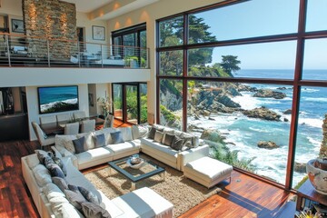 Luxurious modern living room with panoramic ocean view