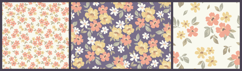 Seamless floral pattern, vintage liberty ditsy print, abstract ornament in folk motif. Botanical design: small hand drawn flowers, tiny leaves, simple bouquets. Delicate colors, vector illustration.