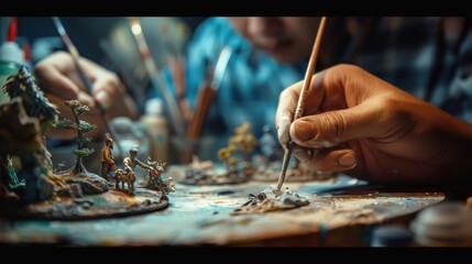 Obraz premium Miniature Painter Working on Detailed Model Scenes