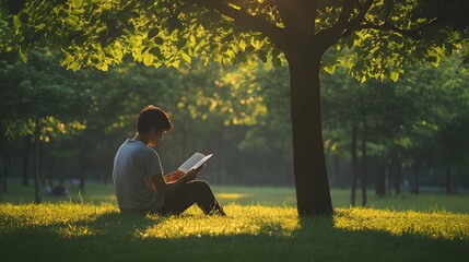 A photograph of a person sitting outdoors in a park reading a book under the shade of a tree with natural light softly highlighting the serene and peaceful scene isolated on a simple background