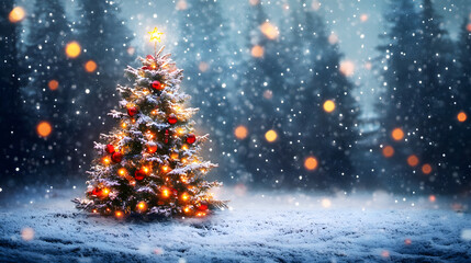 Holiday Snowy Night city with street and big Christmas Tree