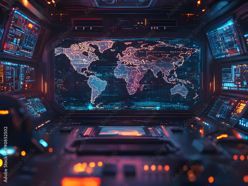 Poster futuristic control room with glowing screens displaying a world map. high-tech interface and vibrant
