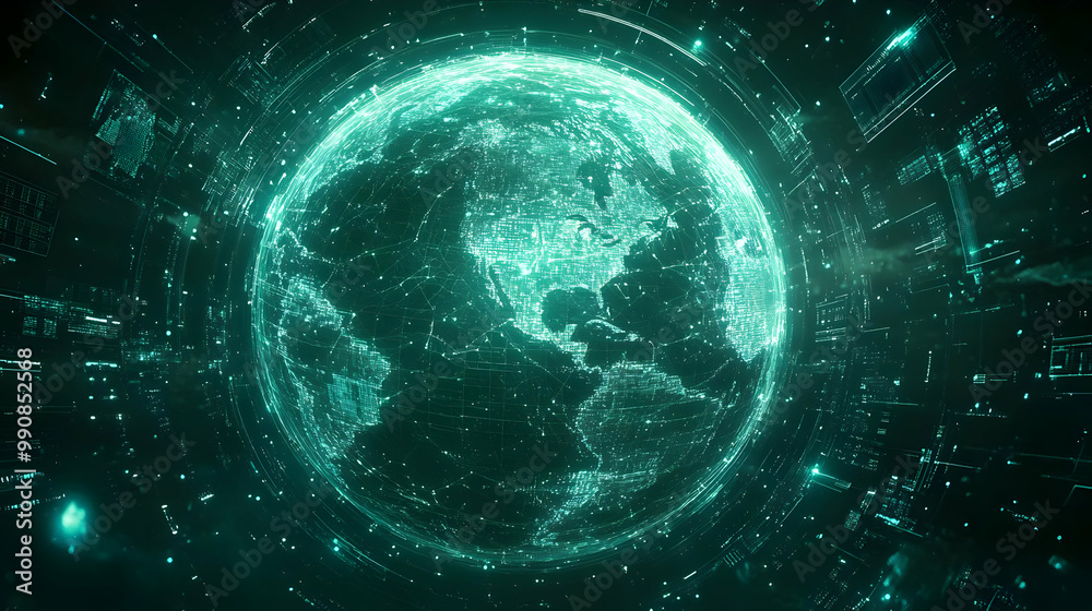 Poster futuristic digital representation of earth with glowing lines and data elements, ideal for tech and 