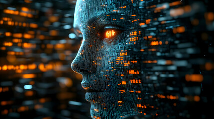 Futuristic digital face with glowing eyes, surrounded by flow of data, symbolizing AI and technology innovation.