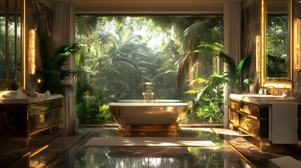 Luxurious bathroom with golden fixtures and a view of lush greenery for a serene atmosphere.