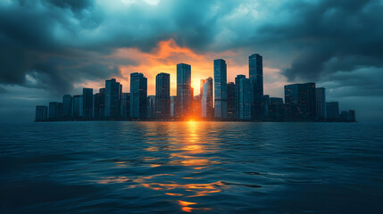 Fototapeta premium Majestic skyline at sunset reflecting on calm water under a dramatic cloud-filled sky.