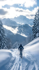Skier skiing downhill in snowy mountains