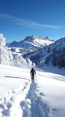 Skier skiing downhill in snowy mountains