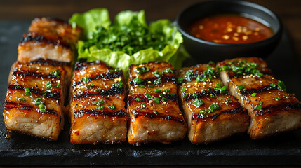 Grilled pork belly slices served with lettuce wraps and spicy dipping sauce
