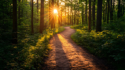 Obraz premium Scenic pathway through a lush forest, illuminated by the warm glow of the setting sun.
