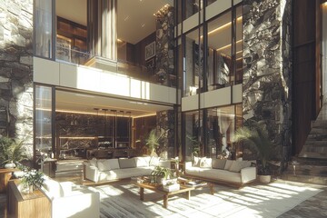Luxurious modern lobby with lounge furniture, plants, and glass walls overlooking outdoor foliage