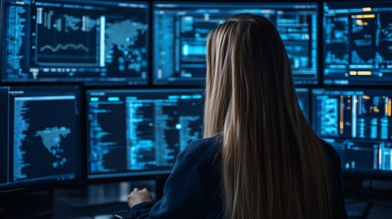 A woman sits in front of a wall of monitors displaying data and code.