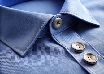 A folded blue shirt, with its collars pulled apart and buttons exposed, showcases the intricate texture of the