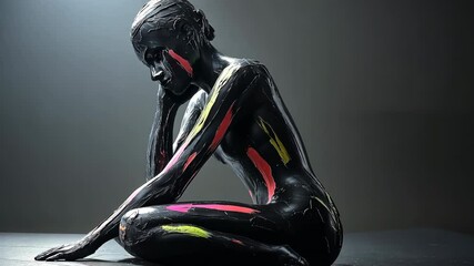 A woman in a black and neon colored outfit is sitting on the ground. The image has a mood of sadness and loneliness