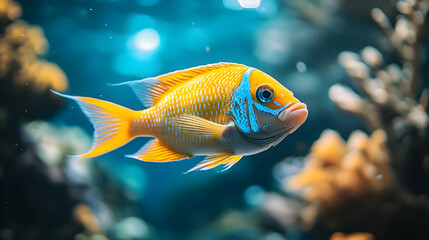 Vibrant underwater scene featuring a colorful fish swimming amidst coral reef.