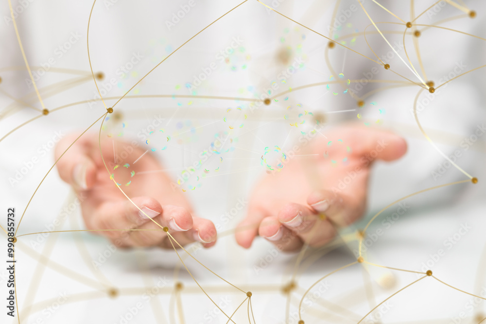 Poster Global network. Blockchain. 3D illustration. Neural networks and artificial intelligence. Abstract