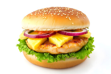 Delicious Chicken Pineapple Burger isolated on white background