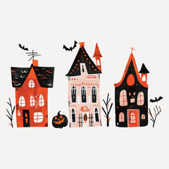 Whimsical Halloween haunted houses illustration