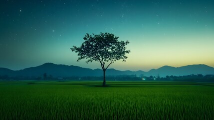 Obraz premium A single solitary tree stands tall in the middle of a vast tranquil rice field its silhouette illuminated by the soft ethereal glow of the full moon overhead The clear