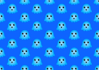Seamless pattern with jellyfish. Blue jellyfish with a cheerful face. A cheerful blue octopus on a blue background.