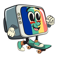 vintage tv monitor cartoon character mascot retro vector design playing skateboarding, work of hand drawn