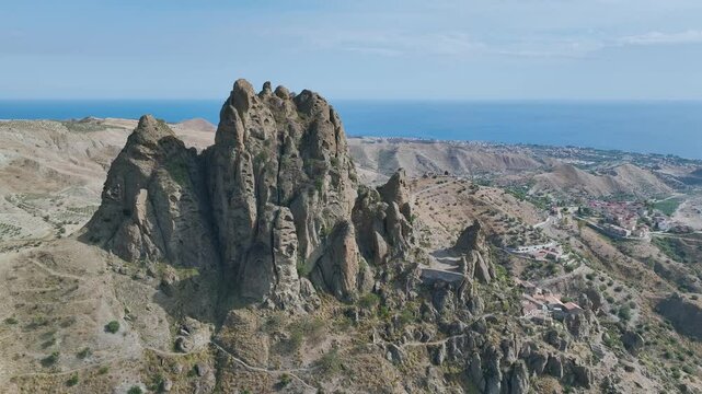 Ghost Town from a drone, Pentedattilo Village, Calabria, Italy, Europe