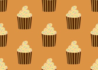 Cupcake. Seamless pattern with cream cupcakes on a brown background. Background with cupcakes. Celebration of events.