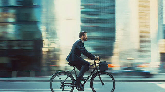 A businessman in a suit rides a bicycle through a city street, showcasing a modern lifestyle and the blend of work and leisure in an urban environment