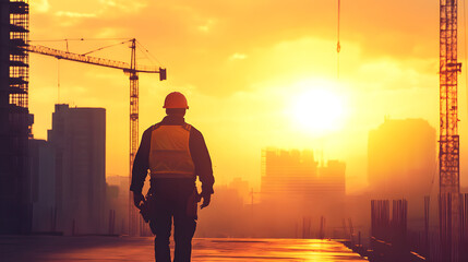 A construction worker with a tool belt walks toward a stunning sunset at a construction site, embodying dedication and the promise of progress