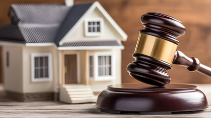 A judges gavel rests next to a model house symbolizing justice and real estate transactions highlighting legal themes in property ownership