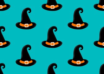 Halloween seamless pattern. Seamless pattern with black witch hat on blue background. Witch's hat.