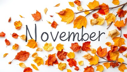With the arrival of autumn, the fallen leaves begin to disperse. November is written from the fallen leaves in the middle of the picture. Pattern drawing. 