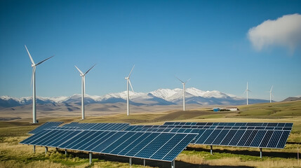 Solar panels and wind turbines stand together under a clear blue sky with distant mountains, showcasing a sustainable energy landscape