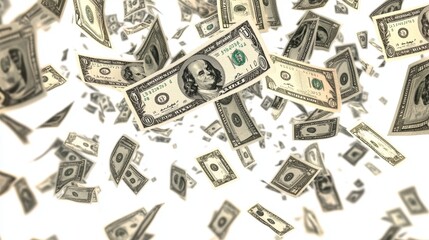 Flying Dollar Bills on Blue Background Representing Wealth and Financial Success Concept