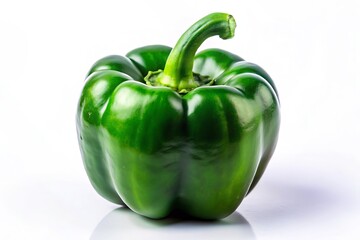 A glossy green bell pepper with a crisp texture and fresh stem shines with an air of natural