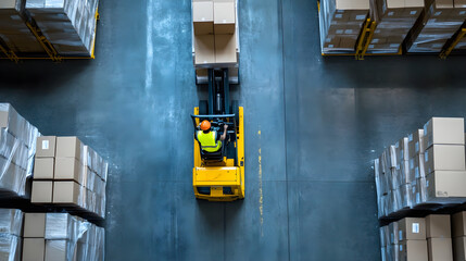 A worker in a logistics warehouse operates a forklift to organize boxes efficiently in a well-arranged storage area