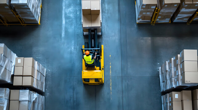 A worker in a logistics warehouse operates a forklift to organize boxes efficiently in a well-arranged storage area