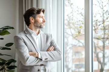 A mature European businessman standing at a window looking at the city below arms crossed thinking deeply modern office with a minimalist design
