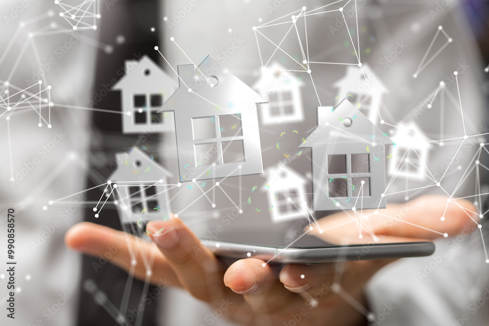 Poster home iot - neural network 3d illustration. big data and cybersecurity