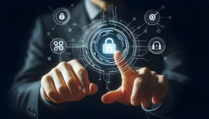 Fototapeta premium Digital cybersecurity interface with hand pointing at lock icon on dark background.