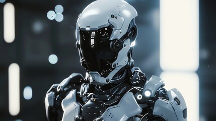 A close-up view of a futuristic robot's head with a dark visor and glowing lights.