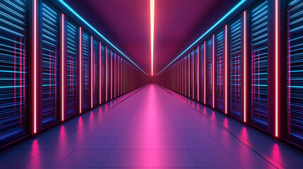 Abstract futuristic warehouse with cloud storage terminals distributing data, vibrant and glowing data lines, modern tech, cloud logistics